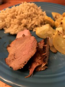 Honey Mustard Pork Tenderloin with right and garden grown squash