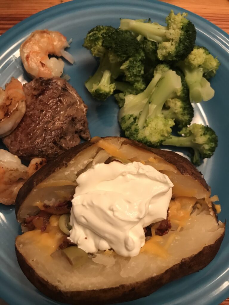 surf and turf with baked potato