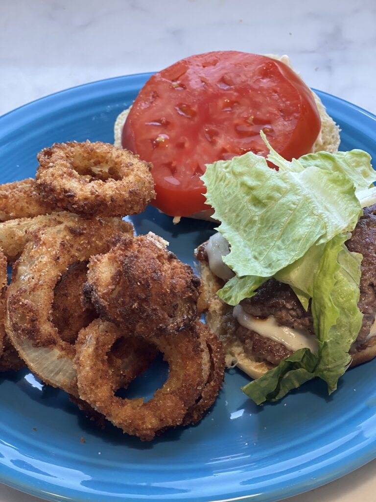 burger with sourdough onion rings